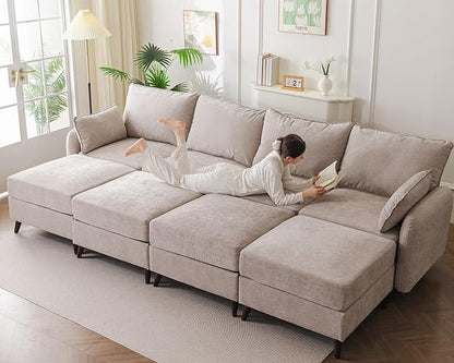 135'' Modular Sectional Sofa with All Seats Storage, Oversized Sleeper Sofa Bed for Living Room,4-Seater Comfy Cloud Couches with Movable Ottoman,Big Sectional for Bedroom,Velet,Khaki