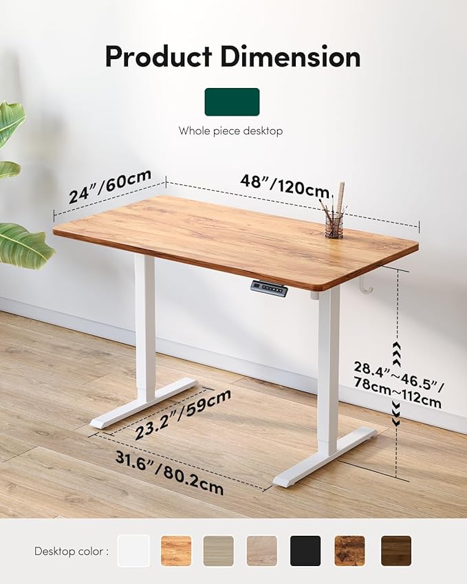 FEZIBO One-Piece Standing Desk Adjustable Height Stand up Home Office Desk, 48x24 Inch Electric Standing Computer Desk, with 4 Memory Presets, Headphone Hook, Light Rustic
