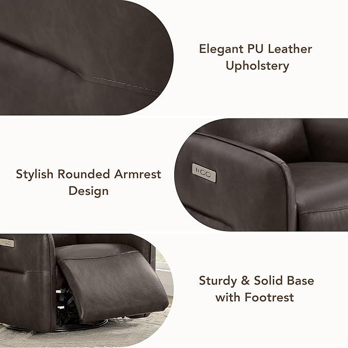CHITA Power Recliner Chair, Faux Leather Swivel Glider for Adults, Electric Nursery Rocking Chair with USB & Type-C Charging for Living Room, Bedroom, Chocolate Brown