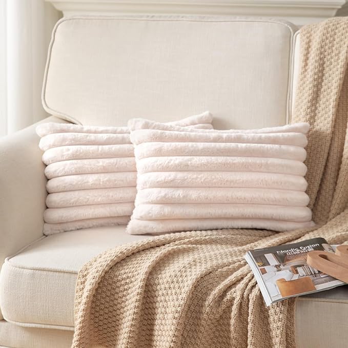 DEELAND Pack of 2,Double-Sided Faux Fur Plush Decorative Throw Pillow Covers Fuzzy Striped Soft Pillowcase Cushion Covers for Sofa Couch Bedroom Beige 12x20 inch