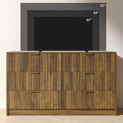 Walnut 6 Drawer Dresser Bedroom,55” Wide Fluted Dresser Wood with Gold Handles,Mid Century Wooden Chest of Drawer for Closet,Bedroom,Living Room,Walnut