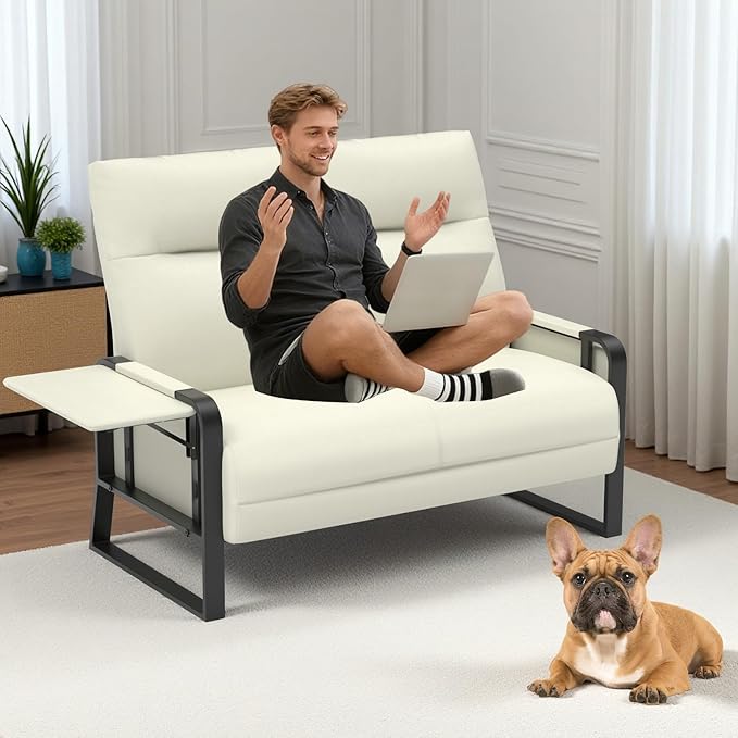 Faux Leather Loveseat, Upholstered Loveseat with Side Tray Table & Storage Pocket, Small Loveseat for Living Room, Modern 2 Seater Sofa Couch for Small Spaces, Bedroom, Beige