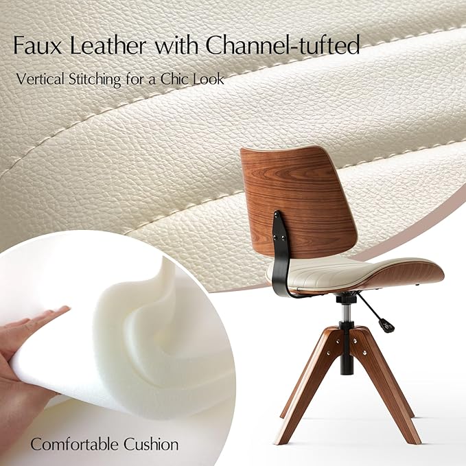 HULALA HOME Office Desk Chair with Solid Wood Legs, Adjustable Height & 360° Swivel, Comfy Bentwood Faux Leather Tufted Task Chair, Ivory