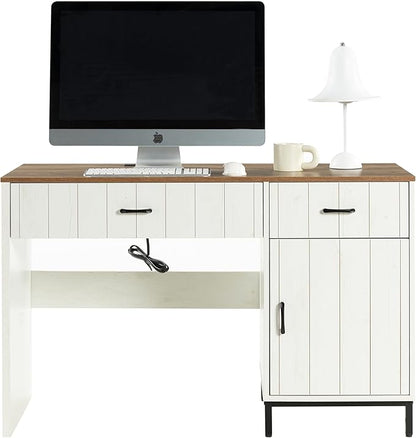 Farmhouse 47" Executive Desk, Home Office Desk with File Drawer and Power Outlet, Computer Desk with 2 Drawers and 1 Storage Cabinet, Workstation for Office Home (White)