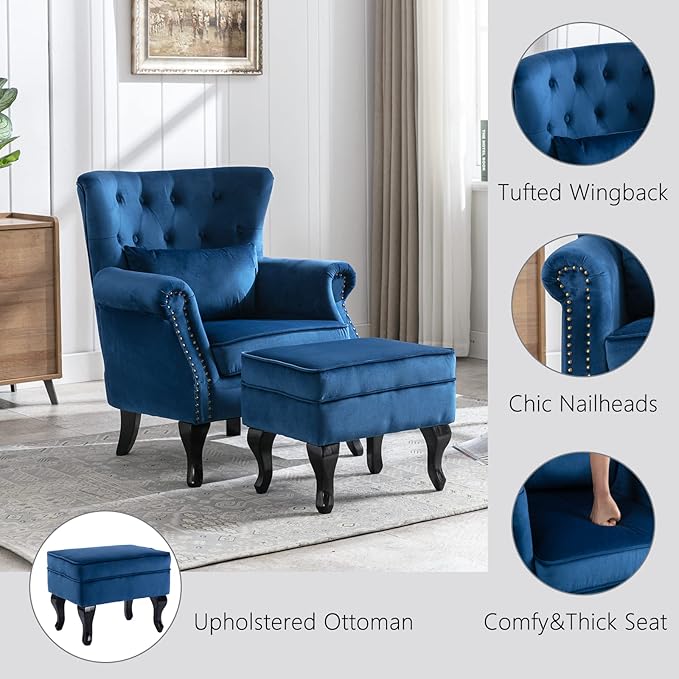 Mid Century Modern Accent Chair Upholstered Armchair Comfy Velvet Tufted Wingback Single Sofa with Ottoman for Bedroom Living Room, Blue