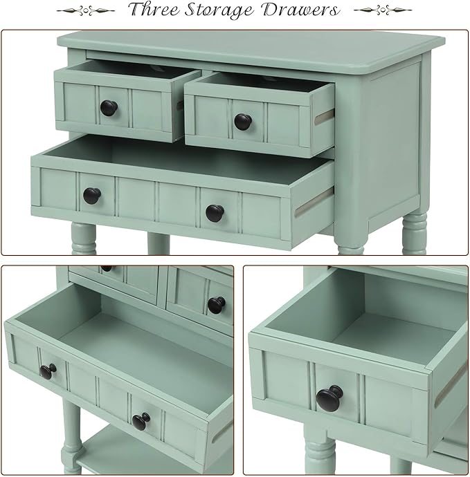 Knocbel Slim Antique Entry Console Table with Drawers & Bottom Open Shelf, Solid Wood Sofa Couch Table for Entryway Hallway Living Room (Mint Green)