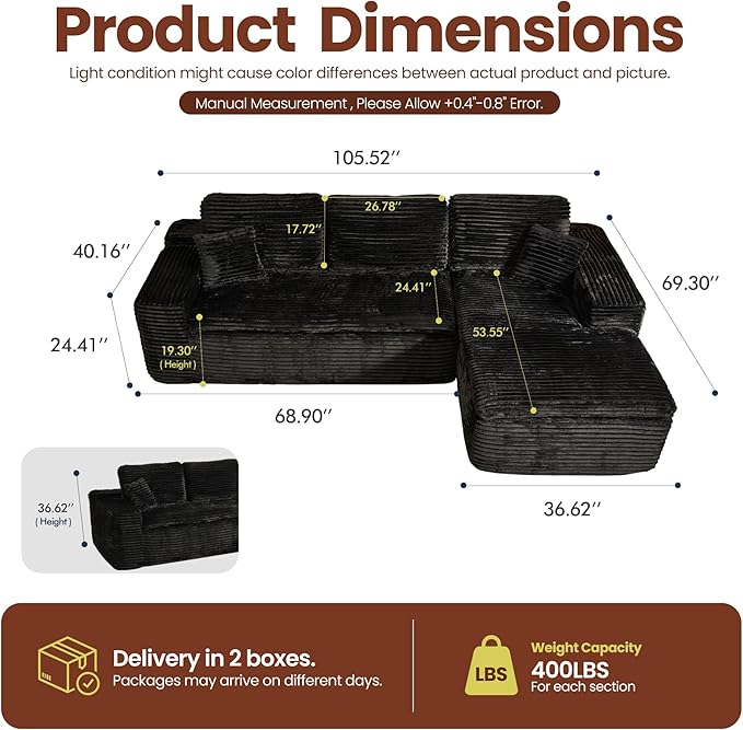 106" Oversized Couch Sofa, L Shape Couches for Living Room, No Assembly Required Plush Velvet Sectional Sofas with Right Facing Chaise for Home Apartment