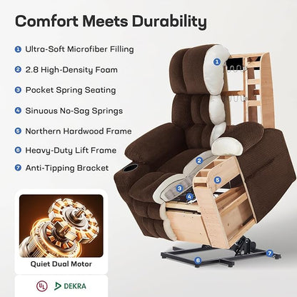 Tami Tami Dual Motor Power Lift Chair Recliner for Elderly with Massage and Heat, Infinite Position Electric Lift Recliner with Adjustable Headrest, USB (T6015 - Plush Fabric, Dark Brown, Oversized)
