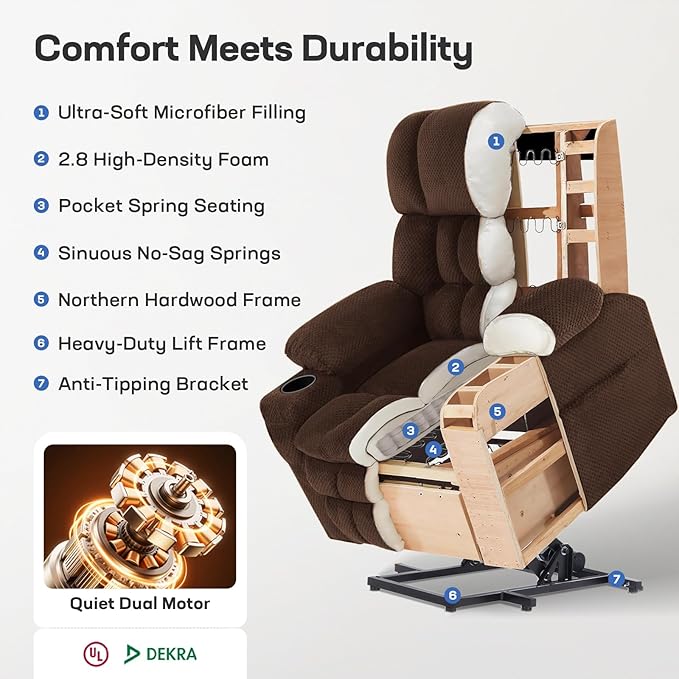 Tami Tami Dual Motor Power Lift Chair Recliner for Elderly with Massage and Heat, Infinite Position Electric Lift Recliner with Adjustable Headrest, USB (T6015 - Plush Fabric, Dark Brown, Medium)