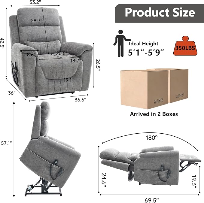 PELUMY Power Lift Recliner Chair for Elderly with Massage and Heat, Dual Motor Heavy Duty 350lbs Recliner, 8-Point Vibration & Lumbar Heating, Electric Lift Chair (Chenille, Dark Grey)