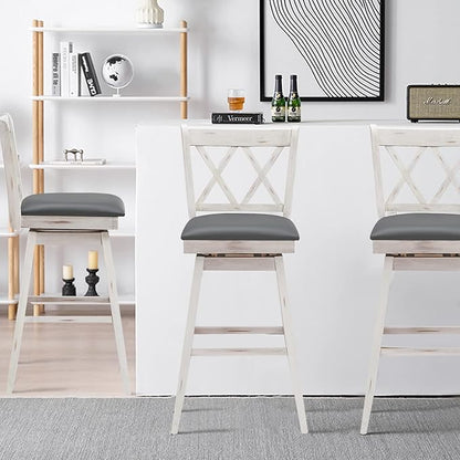 COSTWAY Bar Stool Set of 2, 360° Swivel Bar Height 29.5 inch Bar Stool with Foot Rest Upholstered Cushion & Ergonomic Backrest, Sturdy Frame, for Pub, Restaurant, Home (2, Antique White+ Grey)