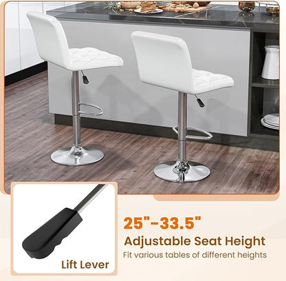 COSTWAY Bar Stools Set of 2, Modern PU Leather Swivel Bar Chairs, Height Adjustable Upholstered Barstools with Premium Gas Rod, Sturdy Footrest, Round Base, for Kitchen, Dining Room, Office,White