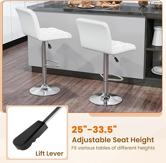 COSTWAY Bar Stools Set of 4, Modern PU Leather Swivel Bar Chairs, Height Adjustable Upholstered Barstools with Premium Gas Rod, Sturdy Footrest, Round Base, for Kitchen, Dining Room, Office, White