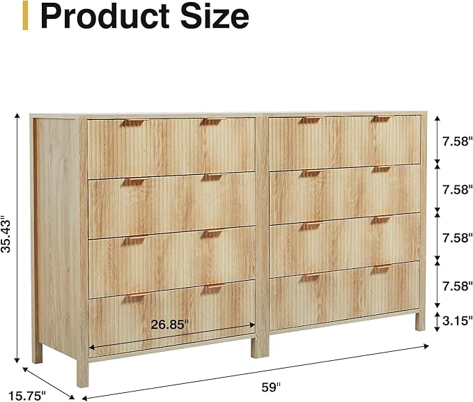 XUZENEST4 Drawer Double Dressers for Bedroom with Waveform Fluted Panel Design, Modern Wide Chest of Drawers,Wood Storage Dresser Chest of Drawers for Bedroom Living Room Hallway Closet,Natural 2 Sets