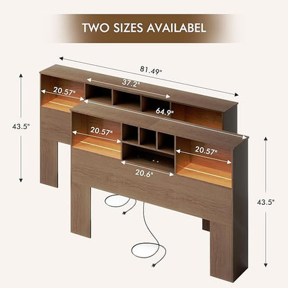 Apicizon King Size Headboard Only, King Bookcase Headboard with Charging Station for Bedroom, Storage Bookcase with USB & 2 Power Outlets, Brown