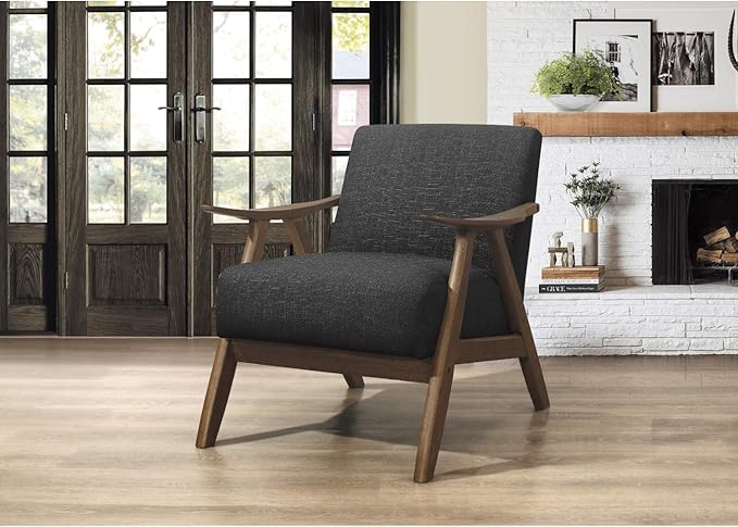 Lexicon Mid Century Modern Accent Chair with Solid Wood Frame in Walnut Finish, Upholstered Living Room Lounge Arm Chair, Thick and Comfy Innerspring Seat Cushion, Linen-Look Fabric, Dark Grey