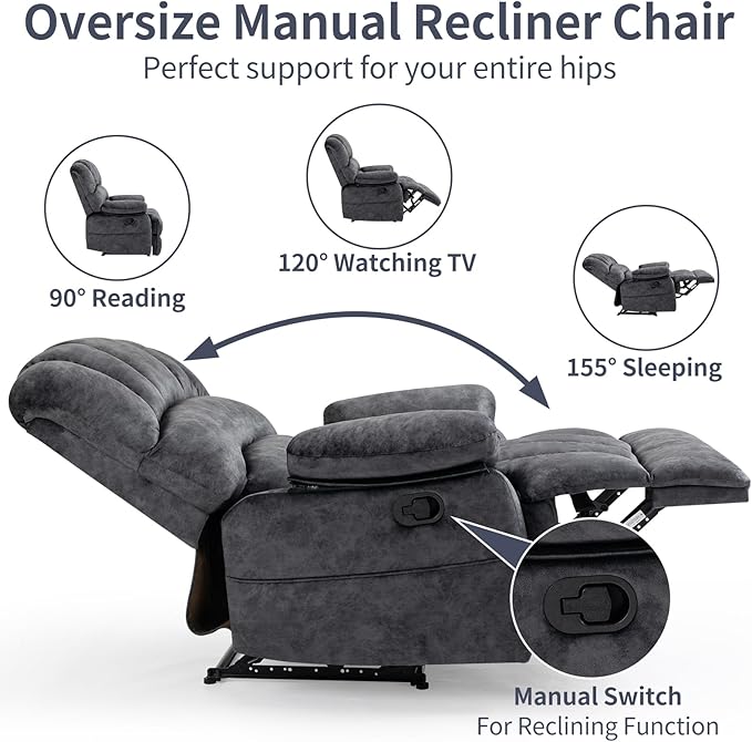 Manual Recliner Chair for Living Room, Single Sofa Recliners for Adults 350LBS, Heavy Duty Reclining Max 155 Degrees, Fabric Dark Gray
