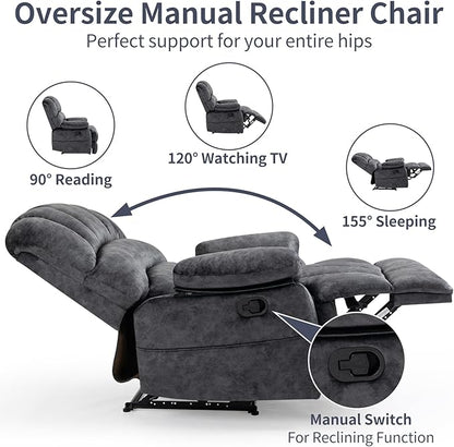 Manual Recliner Chair for Living Room, Single Sofa Recliners for Adults 350LBS, Heavy Duty Reclining Max 155 Degrees, Fabric Dark Gray