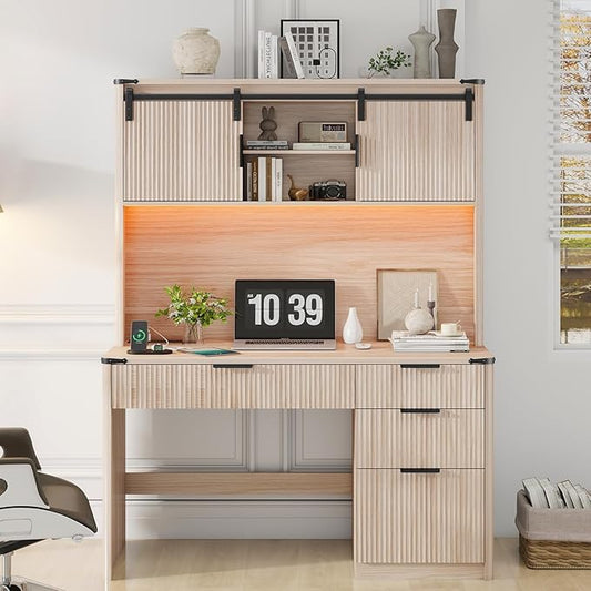 Vabches 67" H Executive Desk with Fluted Drawers,4 Drawers Fluted Computer Desk with LED Light,Charging Hub,Wood Workstation with Hutch and Sliding Barn Doors for Work and Study