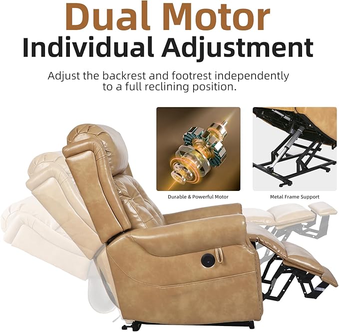 Large Power Lift Recliner Chair for Elderly, Oversized Lay Flat Lift Chair with Adjustable Headrest, Leather Recliner Chairs with Massage and Heat, Infinite Position,Extended Footrest,Beige
