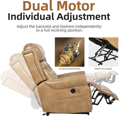 Large Power Lift Recliner Chair for Elderly, Oversized Lay Flat Lift Chair with Adjustable Headrest, Leather Recliner Chairs with Massage and Heat, Infinite Position,Extended Footrest,Beige