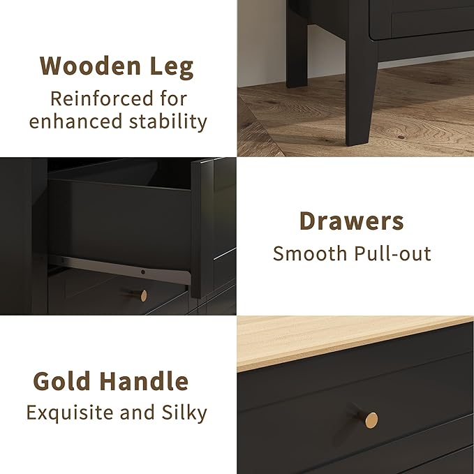 6 Drawers Black Dresser for Bedroom, 47" Wide Wood Modern Chest of Drawers, Shaker Style, Modular Dresser TV Stand for Bedroom, Living Room, Hallway (Black)
