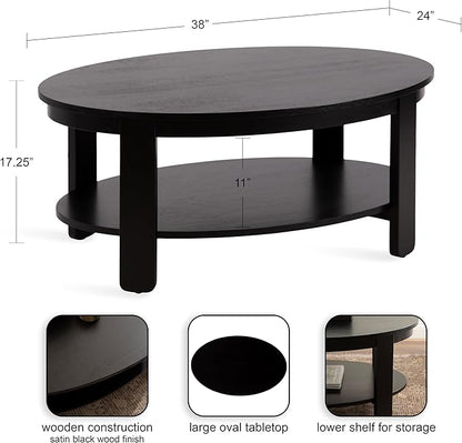 Kate and Laurel Foxford Modern Tiered Oval Coffee Table; 38 x 24 x 18; Black; Transitional Two-Tier Living Room Table with Storage and Resilient Wood Construction