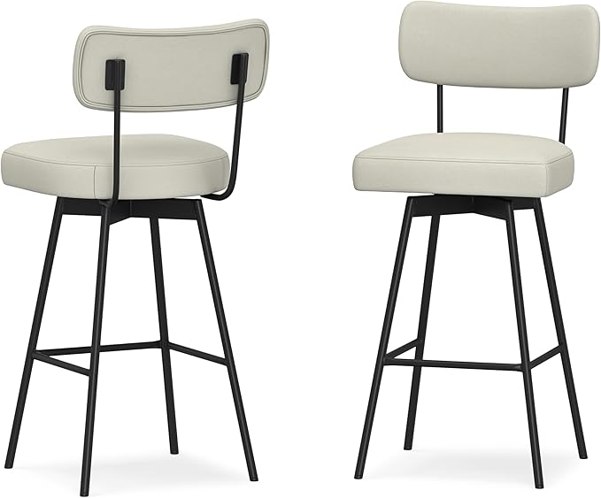 SIMPLIHOME Giselle Swivel Bar Stools (Set of 2) - 29 inch Seat Height Upholstered Metal Chairs in Natural Polyester Linen, Contemporary Seating for Kitchen or Bar with Cushioned Seat and Back