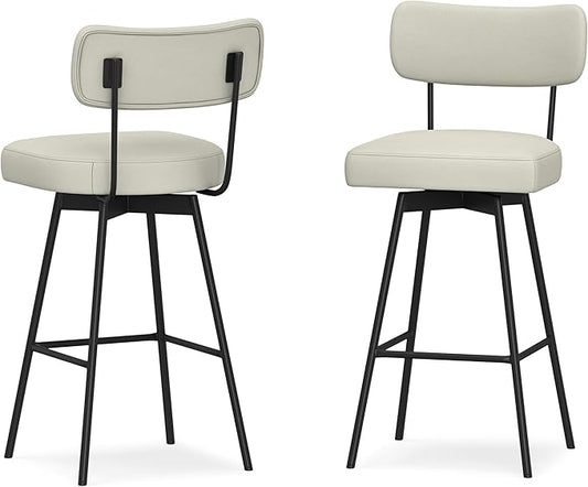 SIMPLIHOME Giselle Swivel Bar Stools (Set of 2) - 29 inch Seat Height Upholstered Metal Chairs in Natural Polyester Linen, Contemporary Seating for Kitchen or Bar with Cushioned Seat and Back