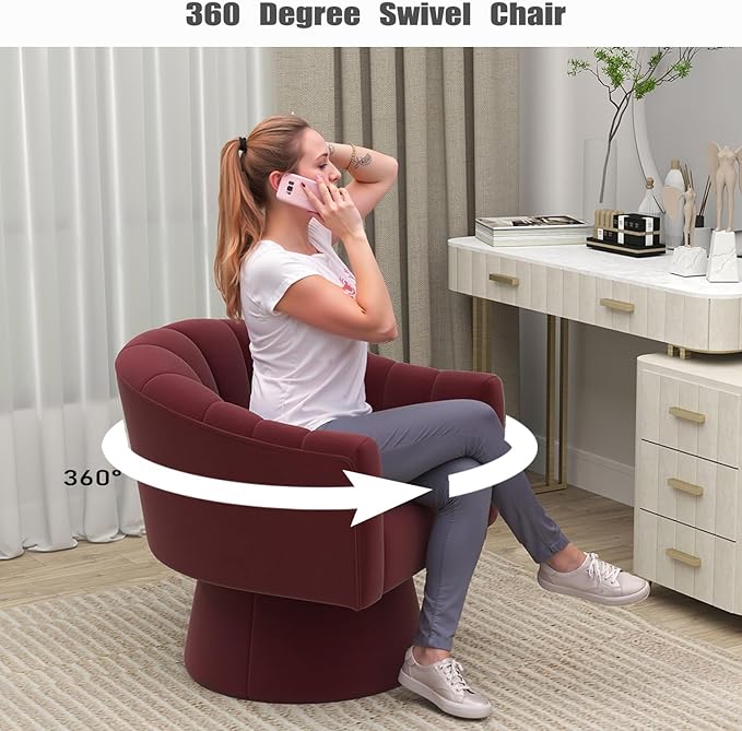 Swivel Accent Chair,Upholstered Velvet 360° Swivel Barrel Chair for Living Room Overstuffed Bouncle Reading Chair Round Armchair for Bedroom,Vanity,Office(Red)