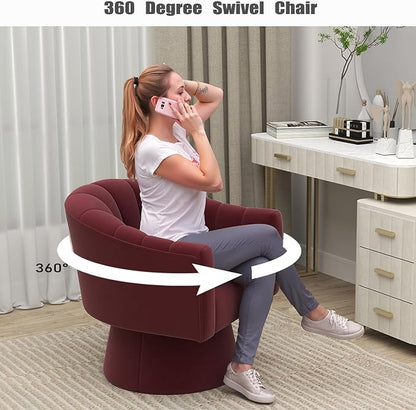 Swivel Accent Chair,Upholstered Velvet 360° Swivel Barrel Chair for Living Room Overstuffed Bouncle Reading Chair Round Armchair for Bedroom,Vanity,Office(Red)