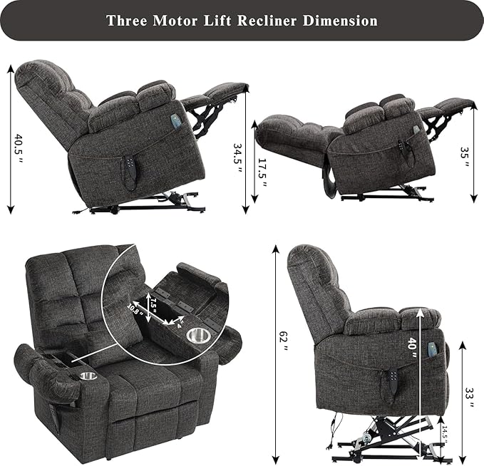 3-Motor Lift Chair with Adjustable Seat Height Zero Gravity Lay Flat Recliner with Heat Massage, Big Man Lift Recliners 400 lbs for Elderly Storage Cup Holders, Tall Man Recliners