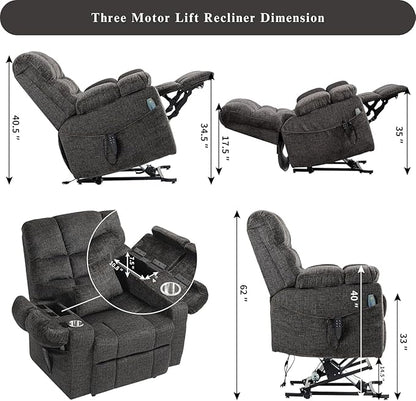 3-Motor Lift Chair with Adjustable Seat Height Zero Gravity Lay Flat Recliner with Heat Massage, Big Man Lift Recliners 400 lbs for Elderly Storage Cup Holders, Tall Man Recliners