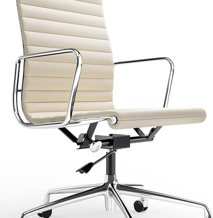 High Back Genuine Leather Ribbed Office Chair-Ergonomic Desk Chair with Aluminum Alloy Armrest & Frame, Swivel Silent Wheels & Tilt Function, Adjustable Height