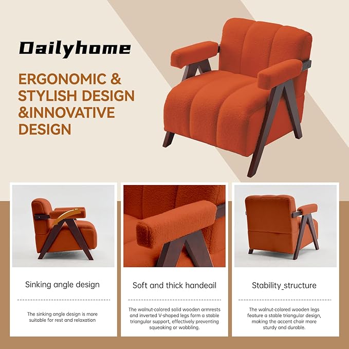Accent Chair Mid-Century Modern with Wide Backrest for Bedroom, Upholstered Living Room Chair with Wooden, Lounge Armchair with Thick Cushion, Cute Teddy Comfy Chair, Orange