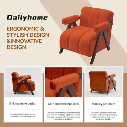Accent Chair Mid-Century Modern with Wide Backrest for Bedroom, Upholstered Living Room Chair with Wooden, Lounge Armchair with Thick Cushion, Cute Teddy Comfy Chair, Orange