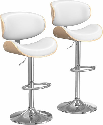 Bar Stools Set of 2, Bar Stools for Kitchen Island with Bentwood Back and Leather Seat, Swivel Barstools for Kitchen Counter, Bar, Snow White