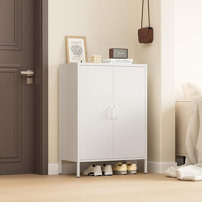 Metal Locker Storage Cabinet, Accent Sideboard Cabinet with Adjustable Shelves for Home Office, Garage, Kitchen, Living Room (White, 40" H-Metal Doors)