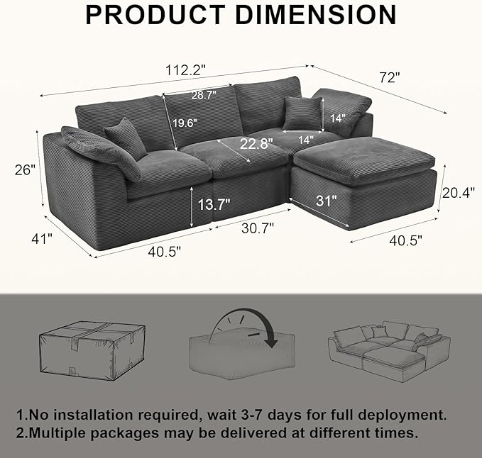 112" Cloud Sectional Couch, Boneless Couches for Living Room, L Shaped Couch with Convertible Ottoman, Modular Sectional Sofa with Deep Seat, Comfy Soft Cushions, No Assembly, Gray