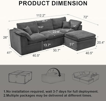 112" Cloud Sectional Couch, Boneless Couches for Living Room, L Shaped Couch with Convertible Ottoman, Modular Sectional Sofa with Deep Seat, Comfy Soft Cushions, No Assembly, Gray