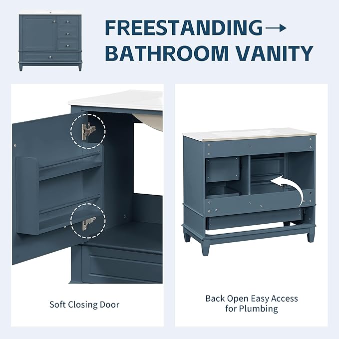 36 Inch Bathroom Vanity with Sink Set, Undermount Vanity Sink Cabinet with 3 Drawers and Door Storage, Soft Closing Door, Wood Frame, Blue Gray