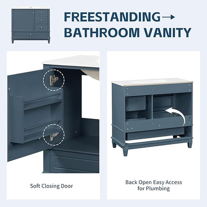 36 Inch Bathroom Vanity with Sink Set, Undermount Vanity Sink Cabinet with 3 Drawers and Door Storage, Soft Closing Door, Wood Frame, Blue Gray