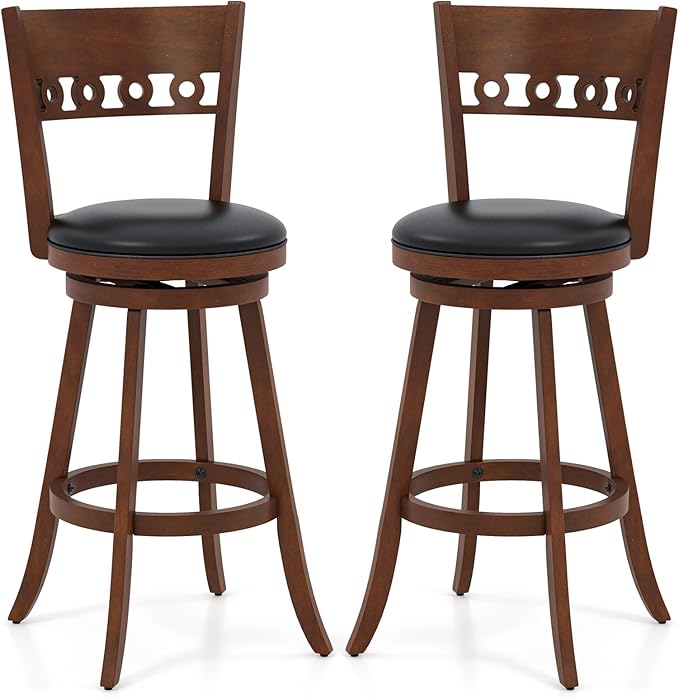COSTWAY Bar Stools Set of 2, 30.5” Bar Height Bar stools with Solid Wood Legs, Cushioned Seat, Footrest, for Home, Kitchen Island, Bar (2, 30.5'' Seat Height)