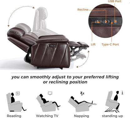 CANMOV 50" Wide Oversized Recliner, Faux Leather Power Lift Recliner Chair, Extra Large Lift Chair with Massage and Heat, Stand Up Recliner for Elderly Big and Tall, Brown