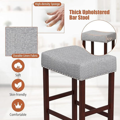 COSTWAY Counter Height Bar Stools Set of 2, 29.5-inch Backless Saddle Stools with Nailhead Trim, Rubber Wood Frame, Footrest, Max Load 330 Lbs, Upholstered Barstools for Kitchen Island Pub, Grey