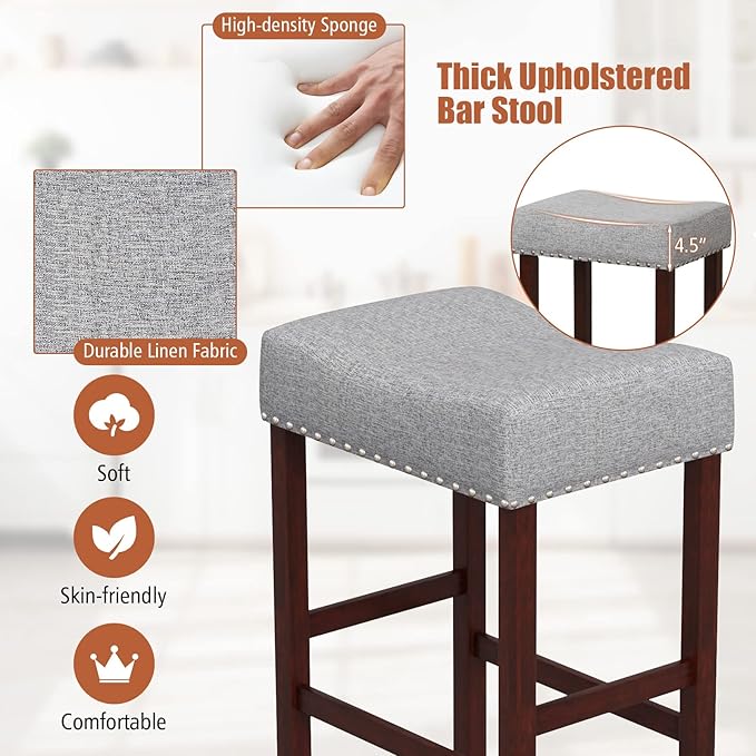 COSTWAY Counter Height Bar Stools Set of 4, 29.5-inch Backless Saddle Stools with Nailhead Trim, Rubber Wood Frame, Footrest, Max Load 330 Lbs, Upholstered Barstools for Kitchen Island Pub, Grey