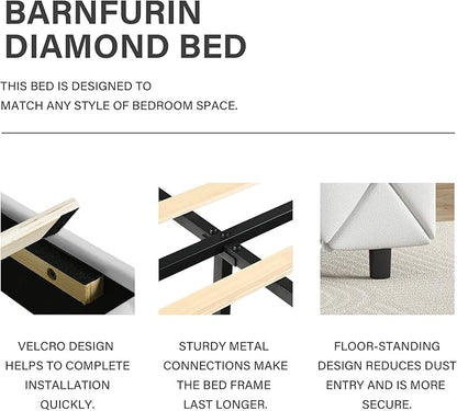 BarnFurin Twin Size Bed Frames, Upholstered Platform Bed with Button Tufted Headboard, Princess Platform Bed with Diamond Design, Wooden Slats Support, No Box Spring Required, Easy Assembly, White