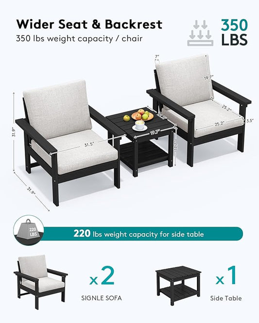 SERWALL HDPE Patio Sofa Set, 3-Piece Sectional Outdoor Furniture Set, All Weather Outdoor Couch Set Patio Furniture Set for Deck, Lawn, Black Frame with Khaki Cushion