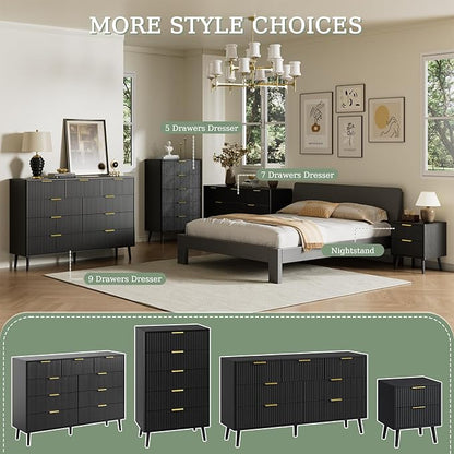 LYNSOM Fluted 9 Drawer Dresser for Bedroom, 55" Wide Modern Chest of Drawers with Curved Profile Design and Metal Handles, Wood Dresser TV Stand & Storage Organizer for Bedroom, Hallway, Black