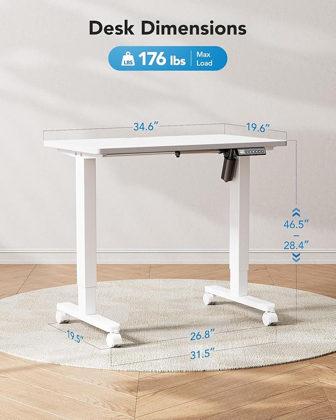HUANUO Electric Small Standing Desk, 35" x 20" Whole Piece Desktop, Adjustable Height Computer Desk, 4 Height Memory Settings, Sit Stand Up Desk for Home Office, White